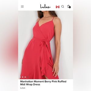 Lulus - Manhattan Moment Berry Pink Ruffled Midi Wrap Dress in Size XS.